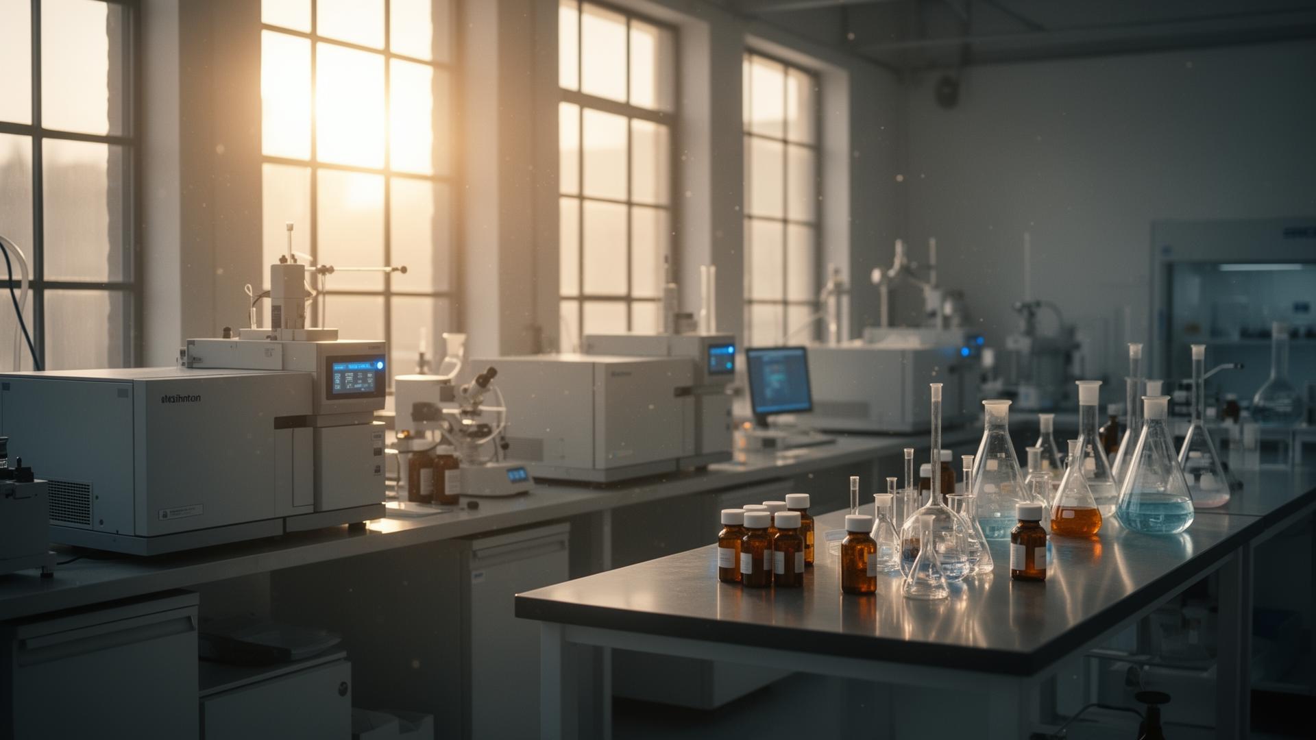 Modern analytical chemistry laboratory at golden hour with GC instruments and glassware