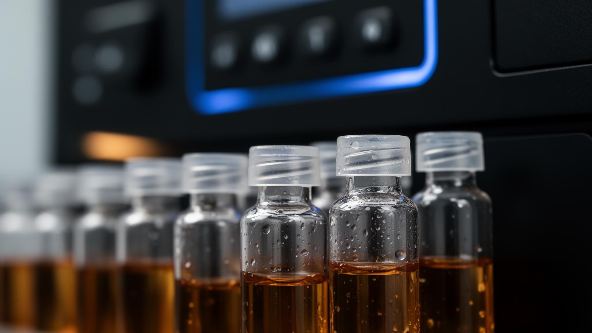 Macro view of GC autosampler vials with amber sample fluid in front of an instrument panel