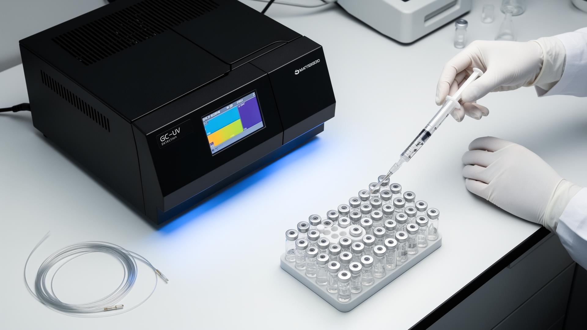 INSCAN GC-UV instrument on a workbench with autosampler vials and capillary column